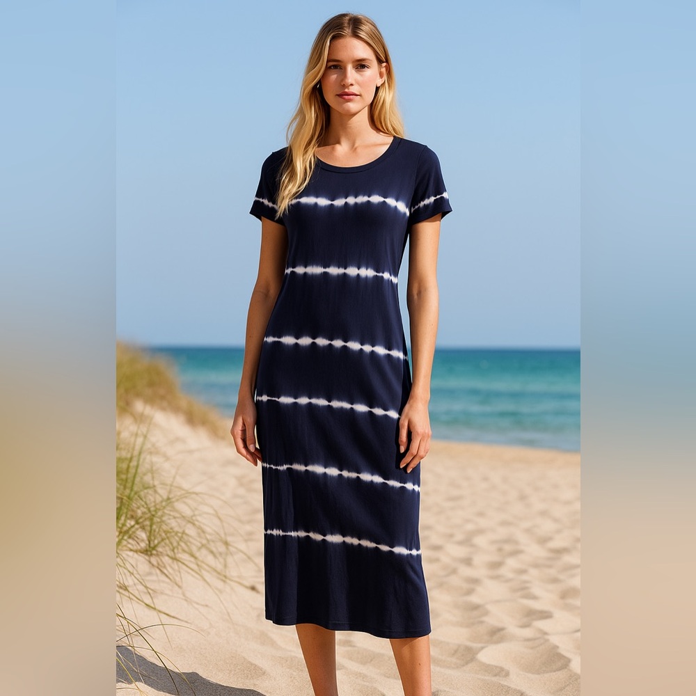 Vince Blue and White Sheath Midi Dress Casual Crew Neck
